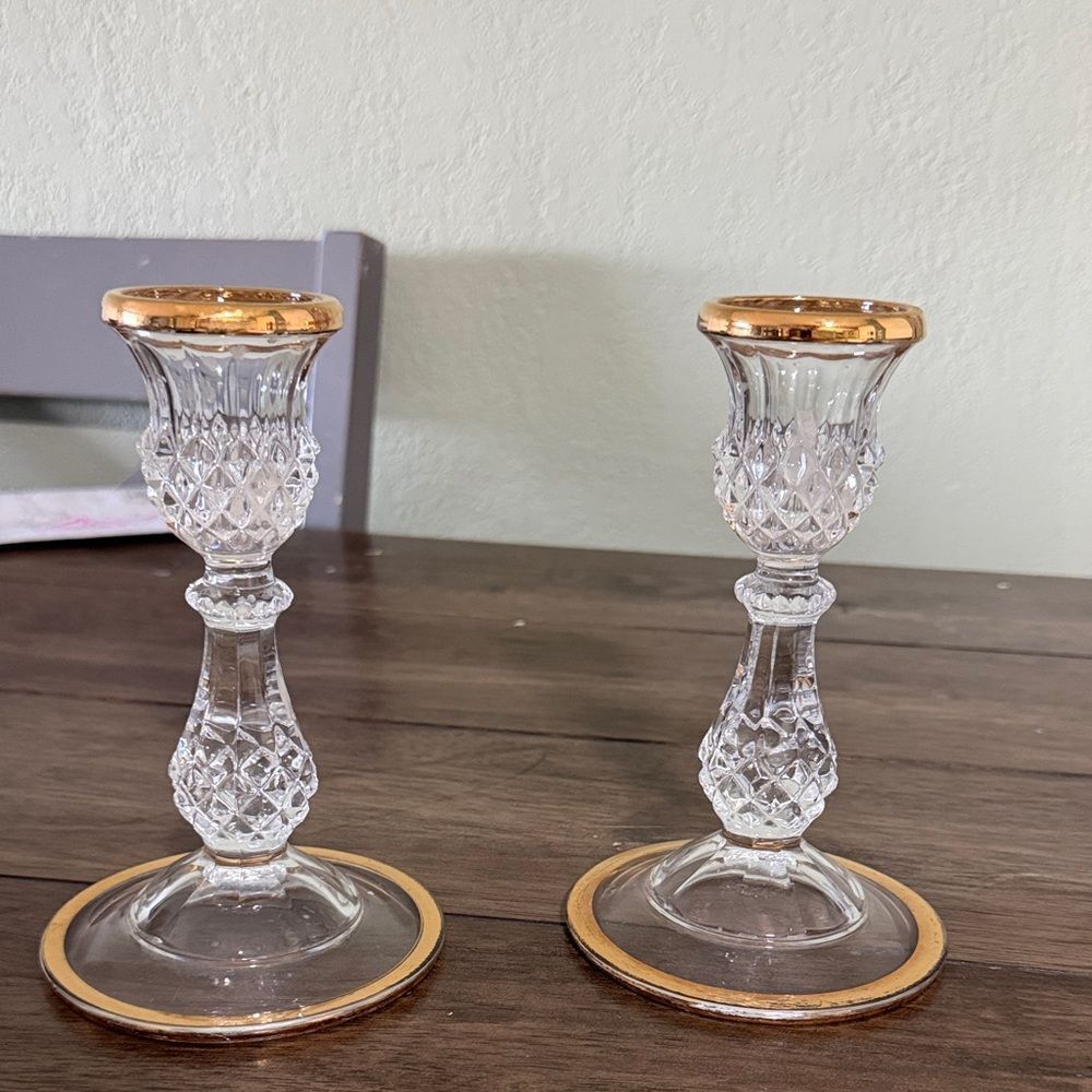Vintage Crystal Candlestick Holders Gold Rim Set of 2 Elegant Glass